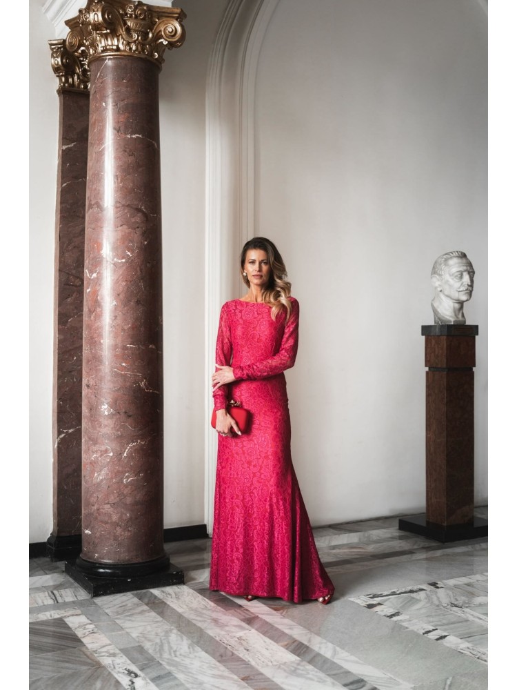 Sukienka maxi w koronkę różowa LUNESSA