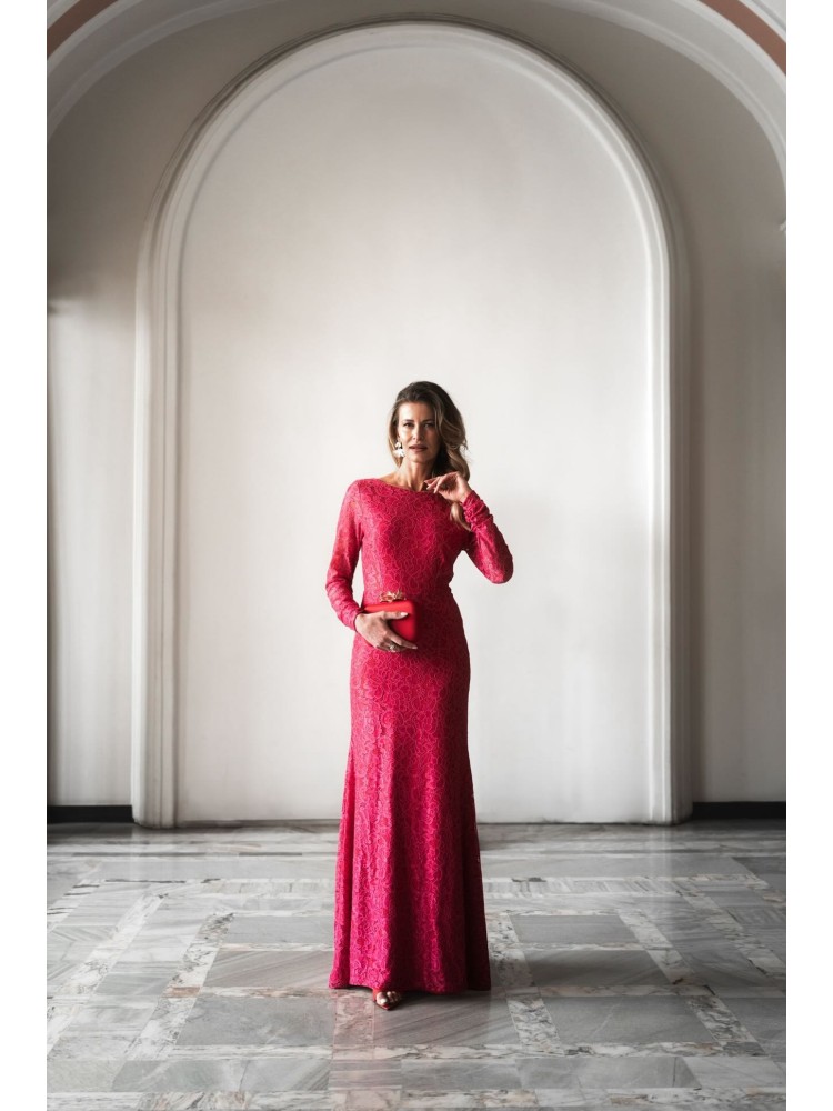 Sukienka maxi w koronkę różowa LUNESSA